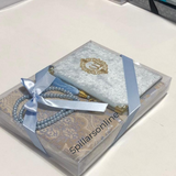 Luxury Velvet Quran, Tasbeeh, Prayer Mat Set (A5 Light Blue)