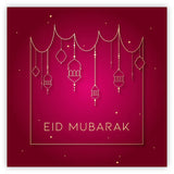 Eid Mubarak Card - Red & Gold Hanging Lanterns