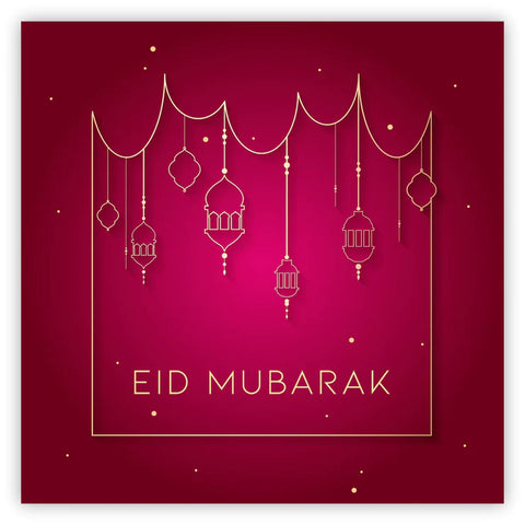 Eid Mubarak Card - Red & Gold Hanging Lanterns