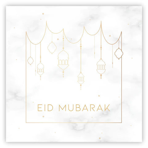 Eid Mubarak Card - White & Gold Hanging Lanterns